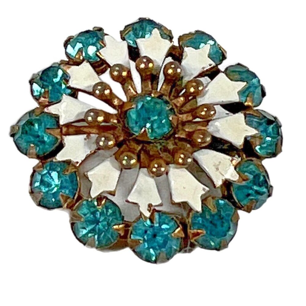 Vtg Round Brooch Turquoise Rhinestones White Enamel Pin Estate Jewelry Goldtone